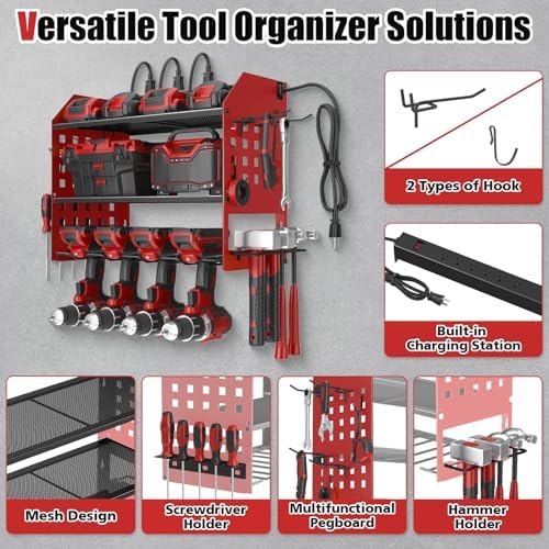 SUNALLY Power Tool Organizer Wall Mount with Charging Station,3 Layer, Red - Image 5