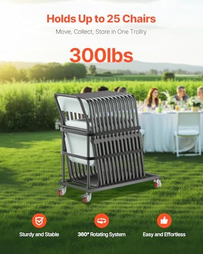 VEVOR Folding Chair Rack, 300 LBS Capacity, L-Shape Vertical Placement Chair Cart for 25 Chairs, Heavy-Duty Metal Chair Storage Dolly with Rubber Wheels, Multi-Function Chair Holder, Matte Black - Image 2