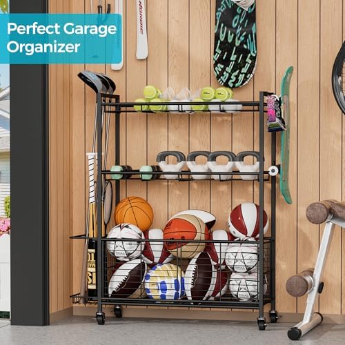 Sports Equipment Storage Rack with Wheels, 3-Tier Ball Organizer - Image 3