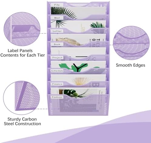 EasyPAG 8 Pocket Mesh Wall File Organizer, Hanging Paper Folder Holder with Classify Label, Vertical Wall Mount Mail Organizer for Office Home Classroom, Purple - Image 3
