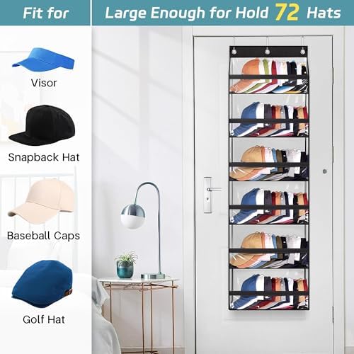 AOODA Clear Over The Door Hat Racks for Baseball Caps, Large Holds up to 72 Caps Hat Storage Organizer for Closet Wall, Deep Pockets Hanging Hat Holder with 3 Hooks, Black (Pack of 2) - Image 4