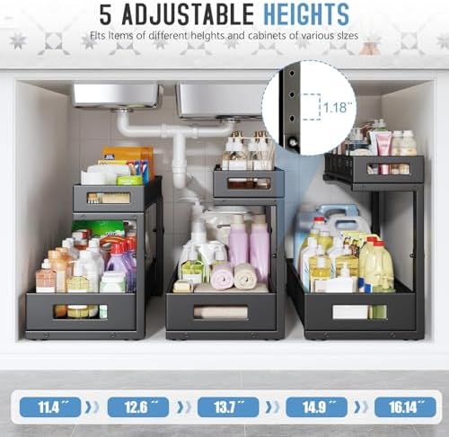 2 Pack 20.47IN Depth Under Sink Storage Organizer, Large 2-Tier Elegant Mesh Pull Out Shelf for Kitchen and Bathroom Cabinet Organization, L-Shaped and Adjustable Height Design-Black - Image 5