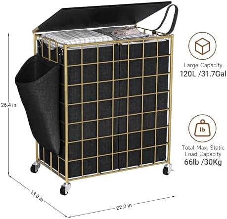 120L Laundry Basket with Wheels, Large Capacity Laundry Hamper with 3 Separate Removable Liner Bags, Heavy Duty Laundry Sorter with Solid Wood Lid & Leather Handles, Golden+Black, TLH002BG - Image 3