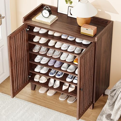 IRONCK Shoe Cabinet with Slatted Doors, 6-Tier Shoe Storage Cabinet, Walnut - Image 3