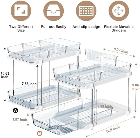 Delamu 2-Tier Multi-Purpose Bathroom Under Sink Organizers and Storage, Stackable Kitchen Pantry Organization, Pull Out Medicine Cabinet Organizer with Movable Dividers, Blue, 2 Pack - Image 2