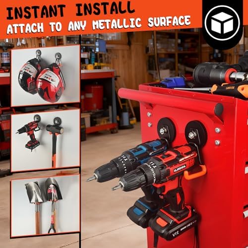 ULIBERMAGNET New Upgraded Heavy Duty Magnetic Garage Hooks,2 Pack Strong Large Magnet Hooks for Power Drill,Garden Tools,Hose,Pegboard,Garage, Workshop,Magnetic Storage Hook for Hanging(Orange) - Image 6