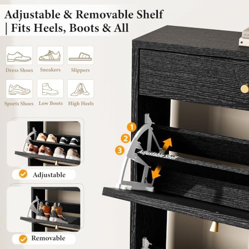 Nicetree Shoe Cabinet for Entryway, Slim Shoe Rack with 2 Flip Drawers and Top Storage Drawer, Narrow Shoe Organizer with Printed Rattan-Look Design, Entryway Shoe Storage for Size 12+ Shoes, Black - Image 5