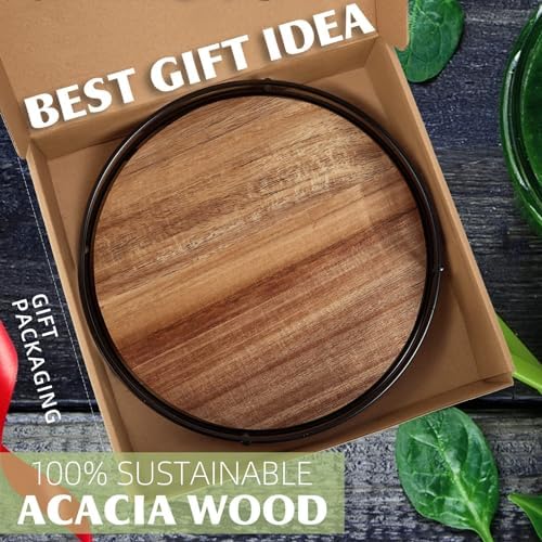 9" Acacia Wood Lazy Susan Turntable, Tomoaza Kitchen Organizer Turntable with Steel Sides, 360 Degree Lazy Susan for Countertop Cabinet or Dining Table - Image 2