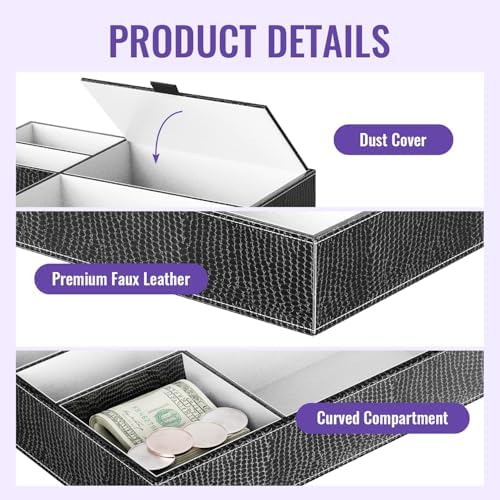 Baoyun Men's Valet Tray, Faux Leather Valet Box, EDC Catch All Tray, Dresser Top Nightstand Organizer with 5 Compartments for Smartphone, Keys, Wallet, Watch - Image 3