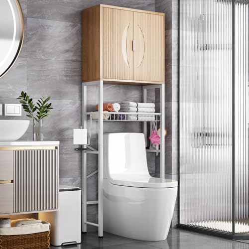 Kalrin Over The Toilet Storage Cabinet with Fluted Wave Doors and Adjustable Shelf, Wood Over Toilet Storage Rack with Drain Basket, Freestanding Bathroom Organizer for Balcony Laundry, Wood & White by Kalrin