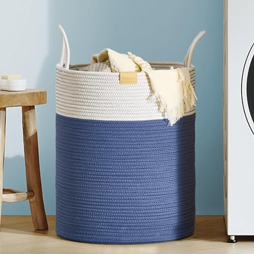 Nunsino Laundry Hamper 62L,Large Laundry Basket for Clothes,Decorative Storage Basket for Blankets,Cotton Rope Woven basket for bedroom,Navy Blue by Nunsino