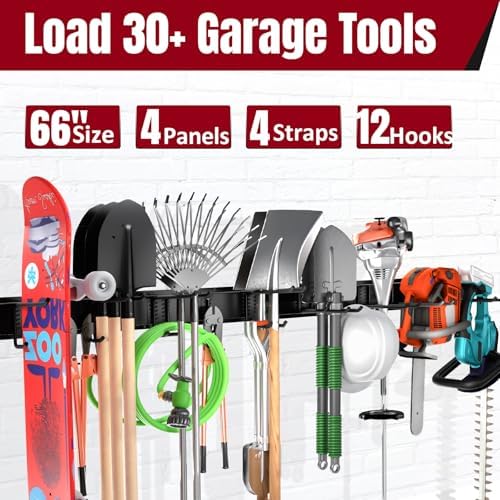 66" Garage Tool Organizer Wall Mount,20 PCS Wall Mounted Garden Tool Storage Rack Carries 720lbs, 4-Panel Steel Tool Hanger System for Shovels Rakes Brooms – Fits 16" Wall Studs - Image 2