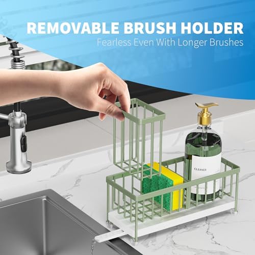 Cisily Sponge Holder for Kitchen Sink, Sink Caddy Organizer with High Brush Holder, Kitchen Countertop Organizers and Storage Essentials, Rustproof 304 Stainless Steel (Sage Green, 9.25″) - Image 3