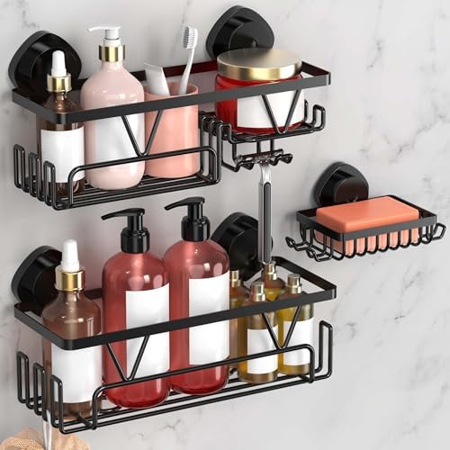 KEGII Shower Caddy Suction Cup, 3 Pack Removable Shower Shelves with Hooks & Soap Holder, No Drilling Bathroom Organizer, Waterproof Suction Storage for Inside Shower, Black by KEGII
