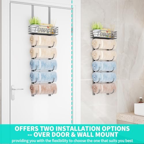 HapiRm Towel Racks for Bathroom Storage - 6 Tier Over The Door & Wall Mount Rolled Towel Storage Organizer Holder with Metal Shelf Basket for Small Bathroom, Camper, Rv - Sliver, Patented - Image 2