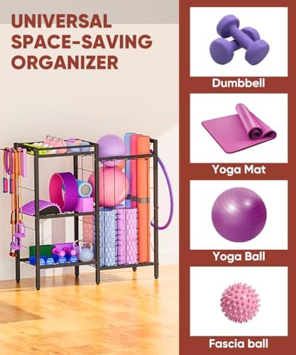 3 Tiers Dumbbells Yoga Mat Storage Rack with Elastic Straps for Kettlebells Foam Roller Resistance Bands Balls, Workout Equipment Organizer Weight Storage Holder with Hooks for Home Gym - Image 2