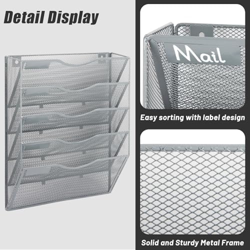 EASEPRES 5 Pocket Mesh Hanging Wall File Organizer, Wall Mounted Mail Paper Document Folder Holder, Clipboard Storage Organization Magazine Rack with Nametag Label for Office Home School, Gray - Image 3