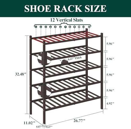 Smiry Bamboo Shoe Rack, 12 Vertical Slats, 5 Tier - 26.8" Wide, Brown - Image 2