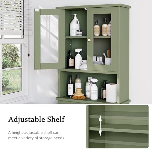 Over the Toilet Storage Cabinet for Bathroom, Storage Organizer Over Toilet, Space Saver with Tempered Glass Doors, Green - Image 4