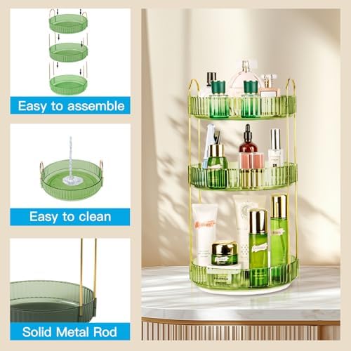 360 Rotating Makeup Organizer - Large Capacity Spinning Perfume & Cosmetic Skincare Holder for Vanity & Countertop (Gem Green, 3 Tier) - Image 4