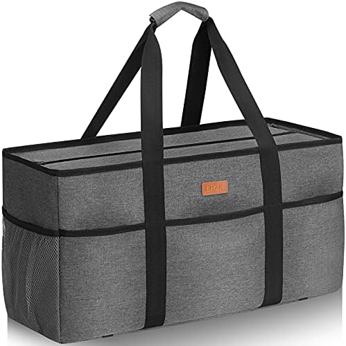 LHZK Stand Up Extra Large Utility Tote Bag with Lid, Utility Tote Bag with Metal Wire Frame and the Sides Rinforced, Reusable Grocery Bags Foldable, Beach Bag, Car Tote (Gray) by LHZK