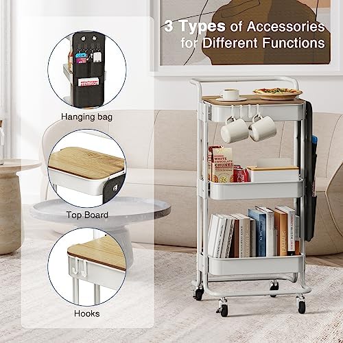 DTK 3-Tier Rolling Cart with Table Top, Metal Utility Cart with Side Bags - Image 5