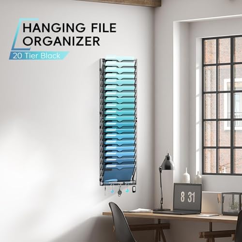 20-Tier Wall File Organizer and Mail Organizer with 5 Hooks, Black - Image 6