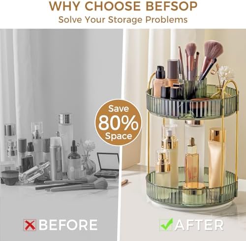 360° Rotating Makeup Organizer, Upgraded 2 Tier Skincare Perfume Organizers for Women, Bathroom Organizer Countertop, Clear Cosmetic Dresser Organizer with Makeup Brush Holder, Sink&Counter (Green) - Image 3