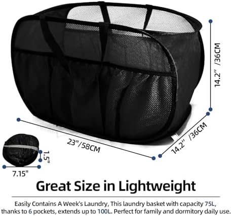 2 Pack Collapsible Laundry Baskets, Upgrade Pop Up Laundry Hamper with Convenient Bags, Foldable Laundry Basket Mesh Light Weight, Easy to Carry Clothes Hampers for Laundry, Dorm, Toys, Travel Black - Image 4