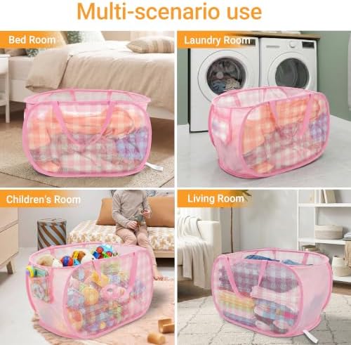 Sturdy Collapsible Laundry Baskets - Pop Up Laundry Hampers with Handy Pocket, Foldable Clothes Hamper with Reinforced Carry Handles for Bathroom, Kids Room, Dorm or Travel - Check Print, Pink - Image 7