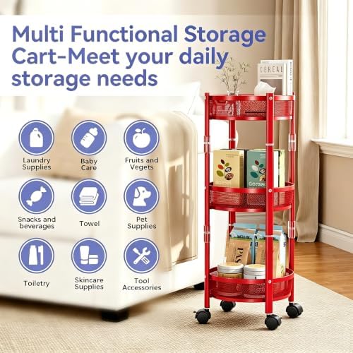 3-Tier Foldable Rolling Cart, Collapsible Metal Utility Cart with Wheels, Assembly-Free, Round Storage Organizer Trolley for Kitchen, Bathroom, Dorm, Nursery-Red - Image 7