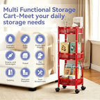 3-Tier Foldable Rolling Cart, Collapsible Metal Utility Cart with Wheels, Assembly-Free, Round Storage Organizer Trolley for Kitchen, Bathroom, Dorm, Nursery-Red - Image 7