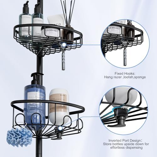 Corner Shower Caddy Tension Pole: Stainless Steel Rustproof 4-Tier Shower Organizer - 47-121 inch Adjustable Bathroom Shelves for Bathtub Shampoo Storage - Tension Rod Floor Standing Bath Rack - Black - Image 6