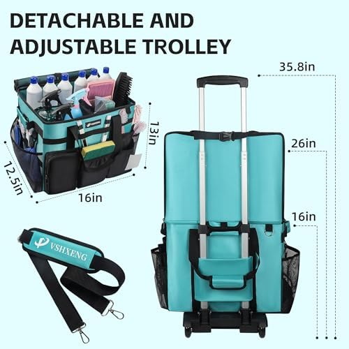 Rolling Cleaning Caddy Bag with Wheels, Large Cleaning Cart Detachable Trolley, Cleaning Bags for Housekeepers With Shoulder Strap & Multi Pockets for Cleaning Tools Storage (Amber Green) - Image 3