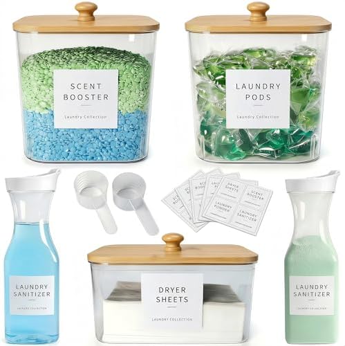 3+2 Pack Laundry Pods Containers & Dryer Sheet Holder & Laundry Detergent Dispenser, Laundry Room Organization and Storage Jars with Lids, Labels and Scoops for Scent Booster, Powder, Pods by Unknown