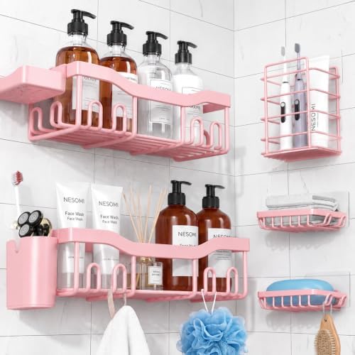 NESOMI Shower Caddy Adhesive Shower Organizer 7-Pack, Rustproof Stainless Steel Bathroom Shelves, Large Capacity No-Drill Rack Storage Accessories with Soap Dish Toothbrush Holder Hooks by OrganizeYourHomeEssentials