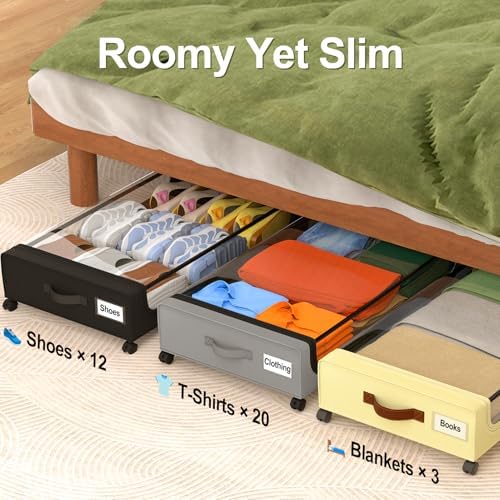 GoMaihe Under Bed Storage with Wheels 48L Grey 4-Pack | Underbed Storage Containers with Lids Rolling Bins for Shoes Clothes in Dorm Bedroom - Metal Drawers Easy Pull-out - Image 5