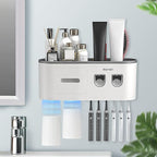 Toothbrush Holders for Bathrooms Wall Mounted, 6 Slot Toothbrush Holder with 2 Automatic Toothpaste Dispensers, 2 Magnetic Cups, Large Capacity Bathroom Organizer, Wall Storage with Drawer by BHeadCat