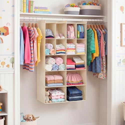 5 Tier Hanging Closet Organizer, 14 Compartments Dual Row Storage, Beige | Closet Organizers and Storage with Large & Small Pockets, 3 Sturdy Hooks Support Heavy Loads, Ideal for Dorm, Garment Rack - Image 2