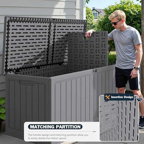 Greesum 260 Gallon HDPE Outdoor Storage Box - Waterproof, Large Capacity Deck Box with Removable Dividers for Patio, Yard, Garden Tools, Light Grey - Image 6