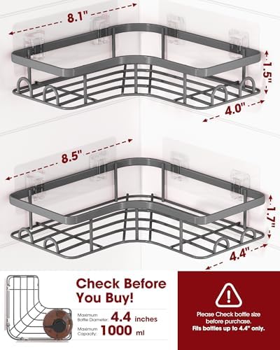 Sakugi Corner Shower Caddy - 2 Pack, Adhesive Shower Organizers, Rustproof Stainless Steel Shower Shelves with 8 Hooks, No Drilling Bathroom Organizers and Storage Racks, Space-Saving, Grey, Medium - Image 2