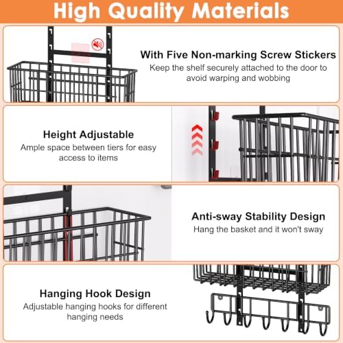 Hongtamoya Adjustable Over the Door Organizer, Metal Hanging Door Organizer with 5 Wire Basket 7 Hooks, Wall Mounted Shelf for Pantry Laundry Organization and Storage, Black - Image 4