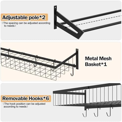Ball Metal Holder Wall Mount Sports Organizer with 3Tier Shelf Garage Basketball Rack for Balls, Multi-Purpose Wall Ball Storage, Racks for Garage, Equipment Organizer with 6 Hooks, Metal Black（black） - Image 5