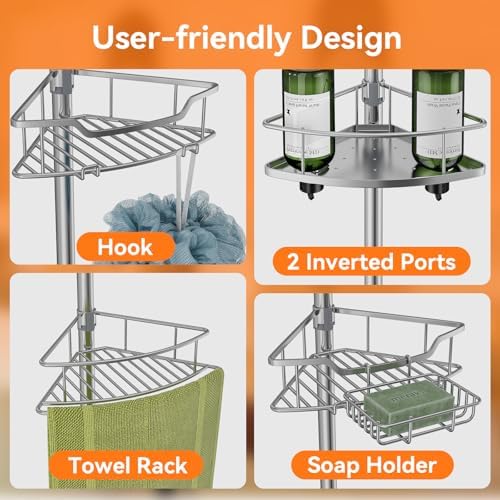Corner Shower Caddy Tension Pole Rustproof, 4 Tier Adjustable Shower Organizer Tension Pole, 25-125 Inch Bathroom Shower Organizer for Bathtub Shampoo Storage, Silver - Image 3