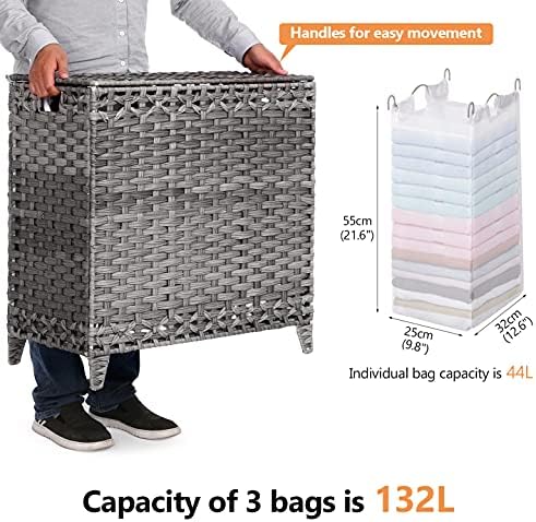 Laundry Hamper with 3 Removable Liner Bags, 132L Laundry Sorter with Lid - Image 4