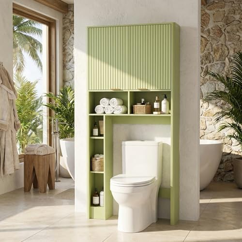AKMAKM 31" W Over the Toilet Storage Cabinet with Fluted Door, Green Bathroom Organizer with Adjustable Shelf, 67''H Tall Natural Toilet Paper Holder Stand Wave Door for Restroom, Laundry Room - Image 4