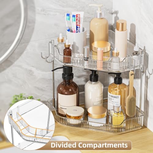 VITVITI 2 Tier Corner Bathroom Counter Organizer, Bathroom Countertop Organizer Storage for Sink, Plastic Makeup Organizer for Vanity Countertop Kitchen with Hooks, Clear - Image 4