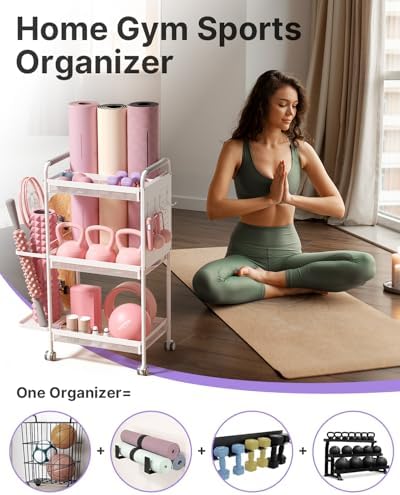 YOTTOY 3-Tier Gym Storage Rack for Home Gym–Multi-Functional Weight Rack, Dumbbell Rack, Yoga Mat Holder with Side Basket & 6 Hooks, Gym Equipment Organizer - Image 2