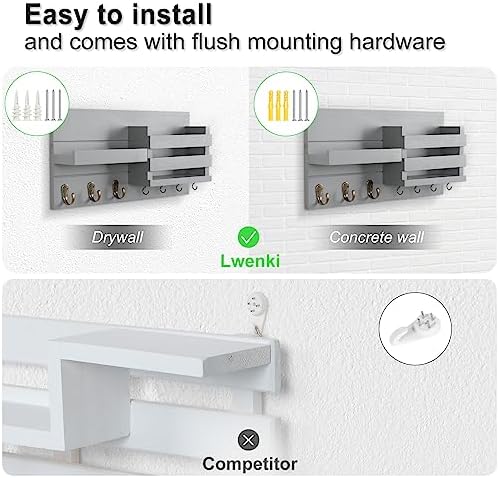 Lwenki Mail Organizer for Wall Mount – Key Holder with Shelf Includes Letter Holder and Hooks for Coats, Dog Leashes – Rustic Wood with Flush Mounting Hardware (16.5” x 8.7” x 3.5”) (Gray) - Image 6