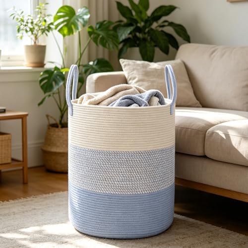70L Woven Laundry Basket, Large Clothes Hamper with Handles- Blue - Image 3
